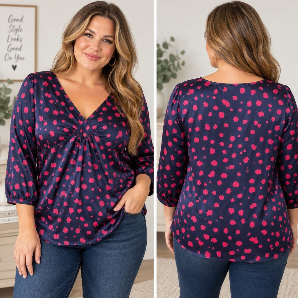 Talbots Womens 18W Navy Pink Abstract Print Satin Blouse V Neck 3/4 Sleeve
